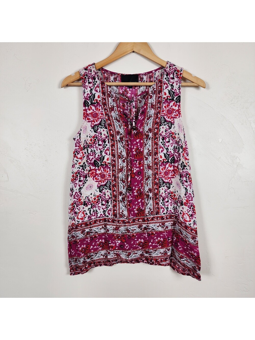 Cynthia Rowley Pink Floral Tie Neck Blouse Sleeveless Boho Tassel Top Small S